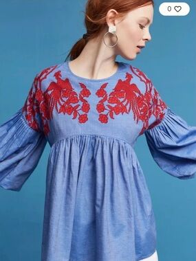 Anthropology HEMANT & NANDITA Blue Blouse with Red Embroidery
